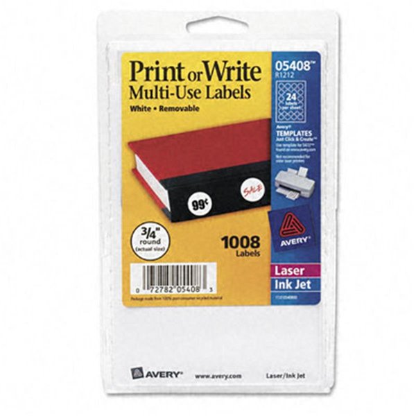 Avery Avery 05408 Print or Write Removable Multi-Use Labels- 3/4in dia- White- 1008/Pack 5408